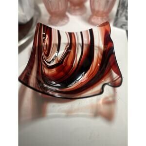 Vtg Art Glass Handkerchief Bowl/Plate-Red Swirl-Candle Holder/trinket Dish
